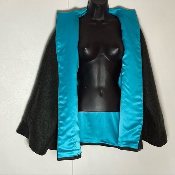 Han Feng Gray Wool Mohair Bell Sleeve Minimalist Lagenlook Jacket Teal Silk XL - Picture 3 of 16